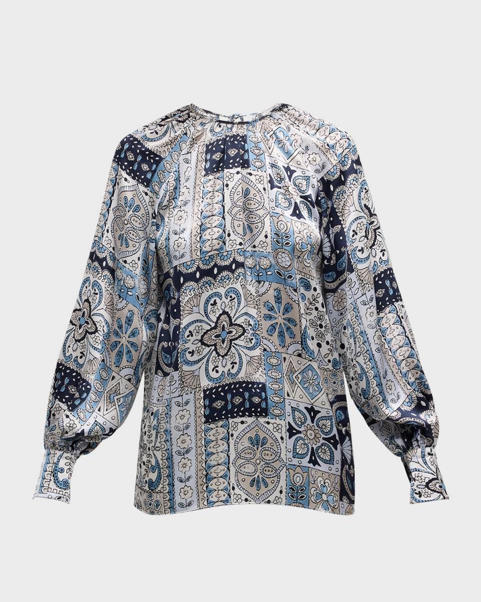 Pleated Floral-Print Silk Shirt