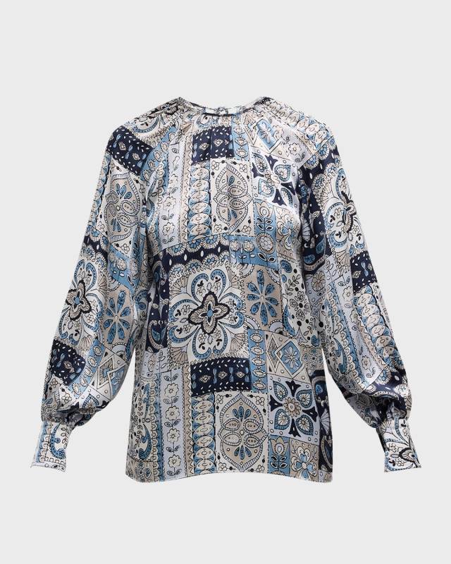 Pleated Floral-Print Silk Shirt