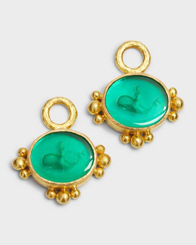 Venetian Glass Intaglio Dolphin Earring Pendants in Pine Green