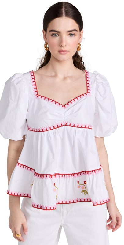 English Factory Embroidered Blouson Top Ivory/Red