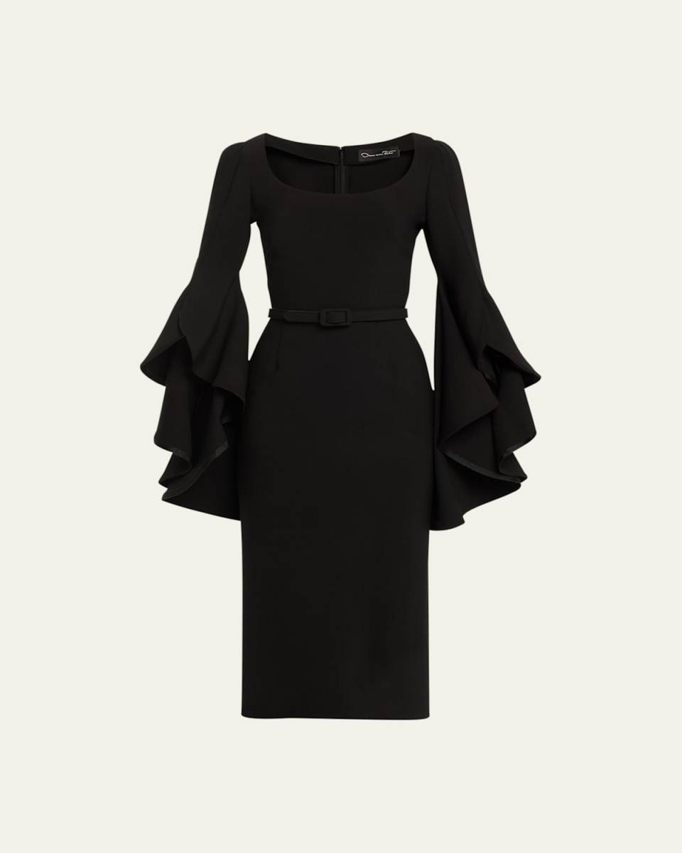 Scoop-Neck Ruffle 3/4-Sleeve Belted Crepe Midi Dress