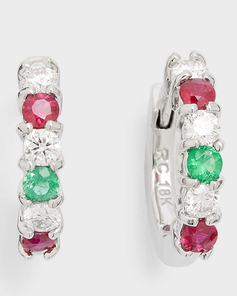 18K White Gold Diamond, Emerald and Ruby Hoop Earrings