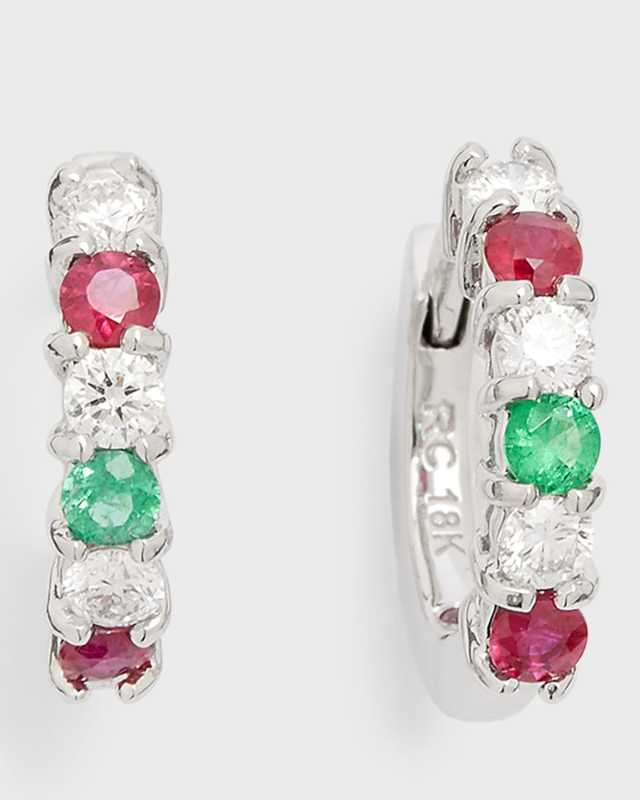 18K White Gold Diamond, Emerald and Ruby Hoop Earrings