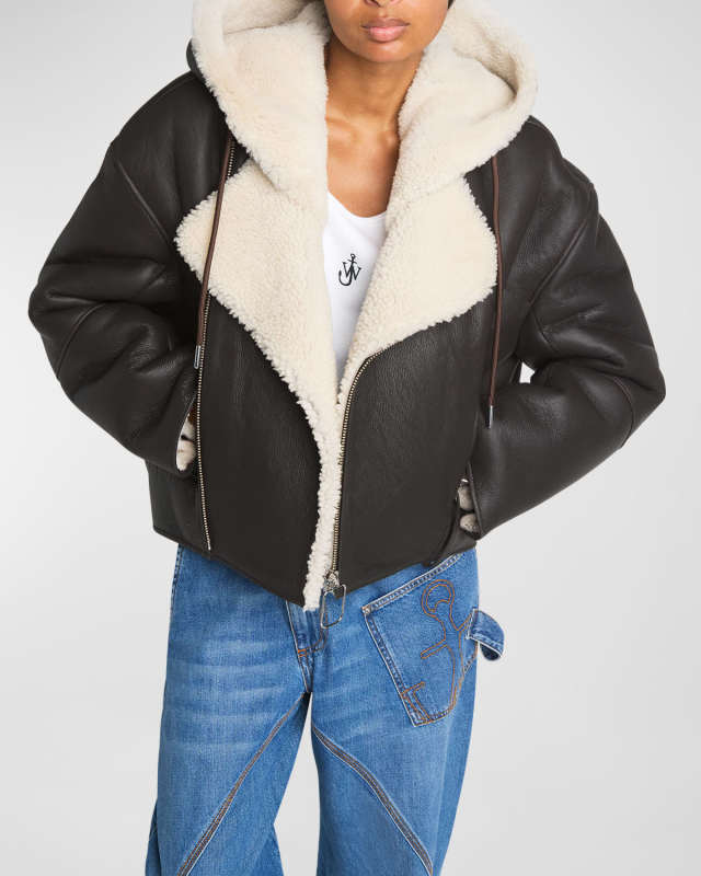 Shearling Hooded Leather Biker Jacket