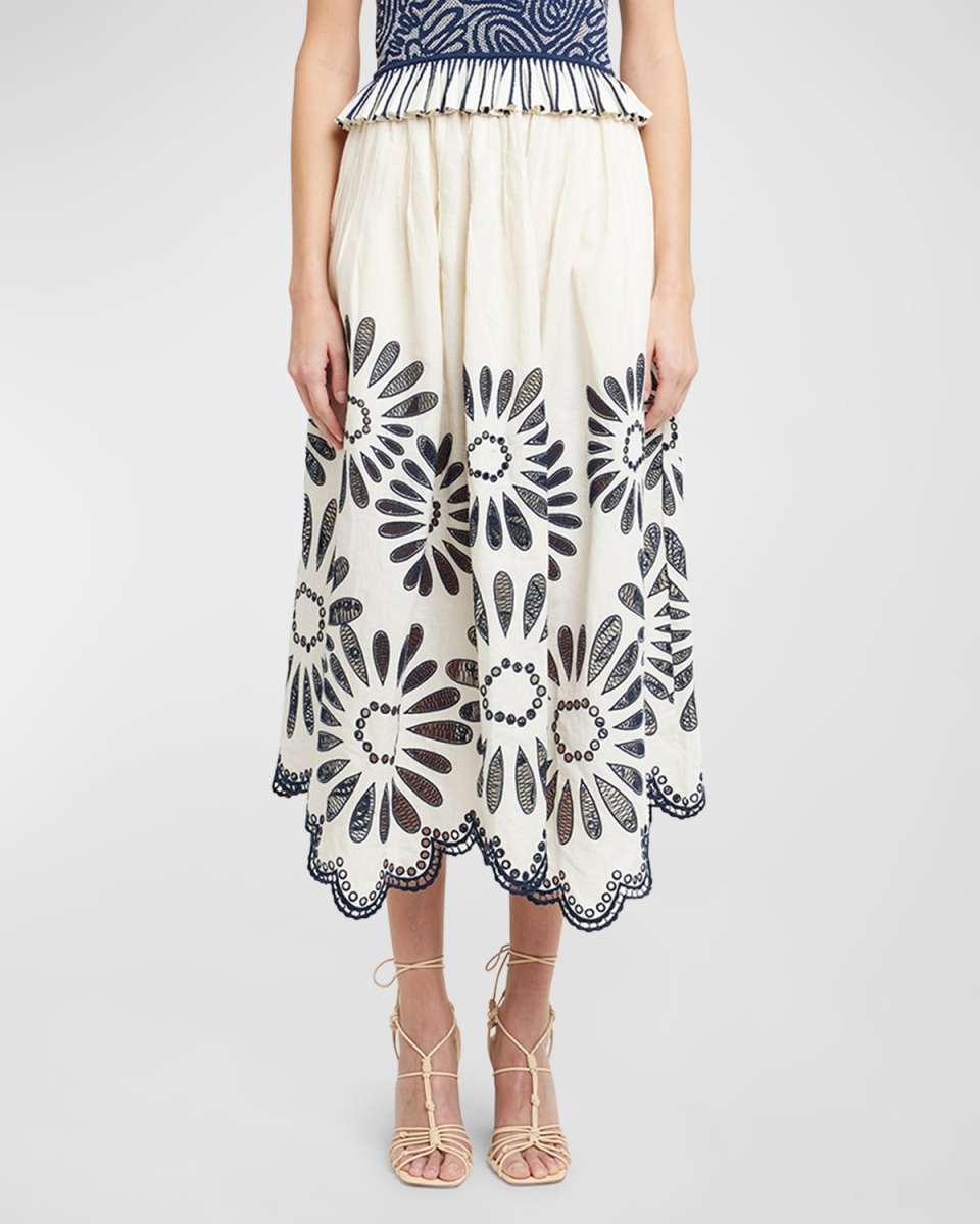 Annisa Embroidered Linen Cotton Scalloped Midi Skirt