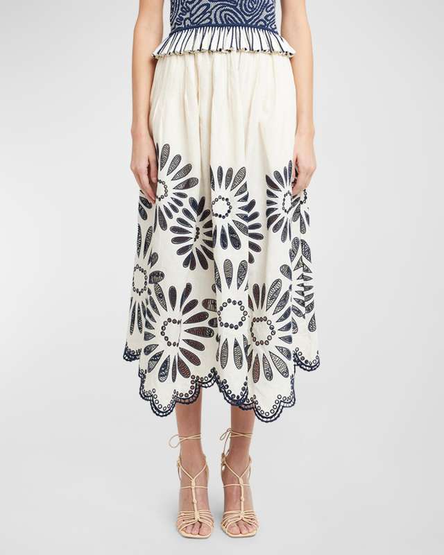 Annisa Embroidered Linen Cotton Scalloped Midi Skirt