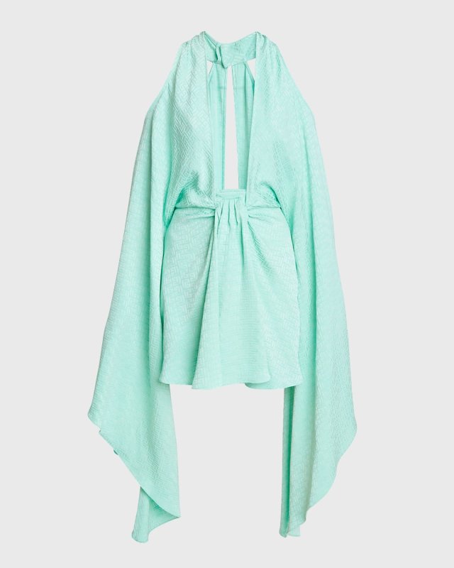 Plunging Monogram Jacquard Cape-Sleeve Cold-Shoulder Mini Kaftan Dress