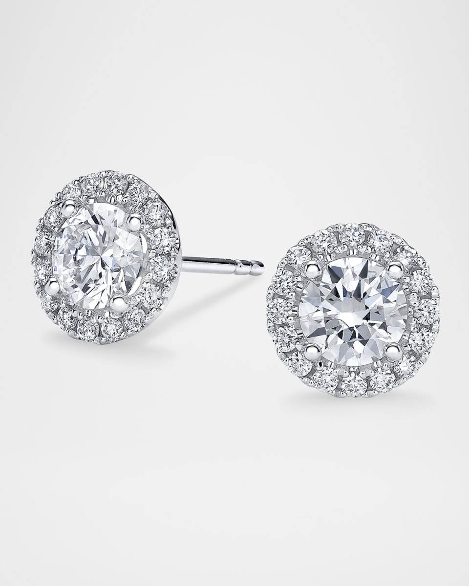 18K Gold Round Diamond Halo Stud Earrings, 1.3tcw, 0.32"L / 0.32"W