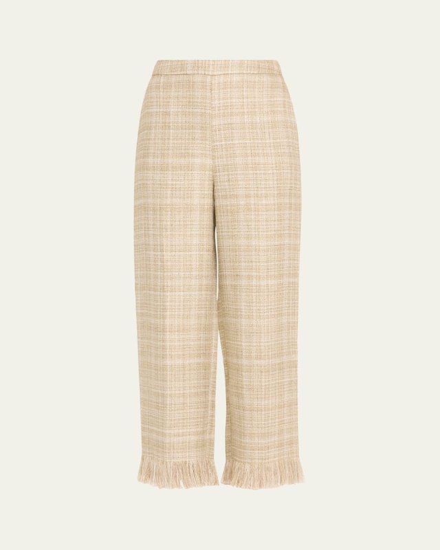Sutton Silk-Linen Plaid Straight-Leg Fringed Ankle Pants
