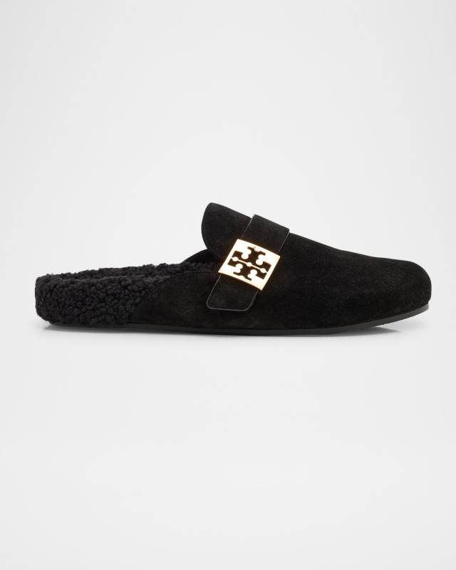 Mellow Suede Shearling Buckle Loafer Mules
