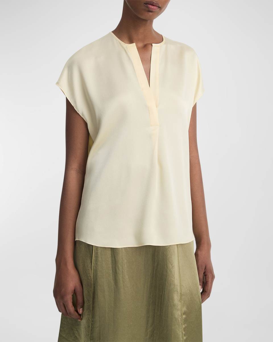 Silk Split-Neck Cap-Sleeve Blouse