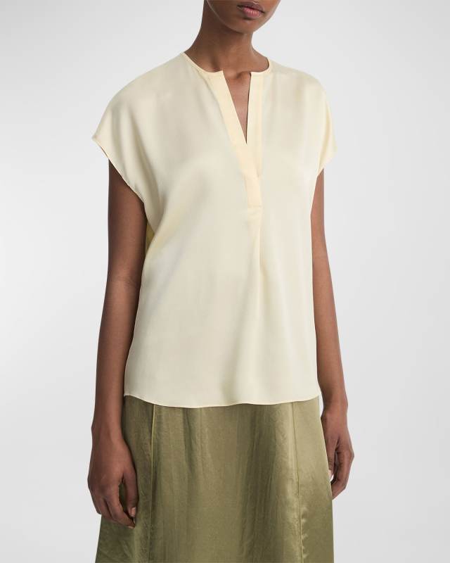 Silk Split-Neck Cap-Sleeve Blouse