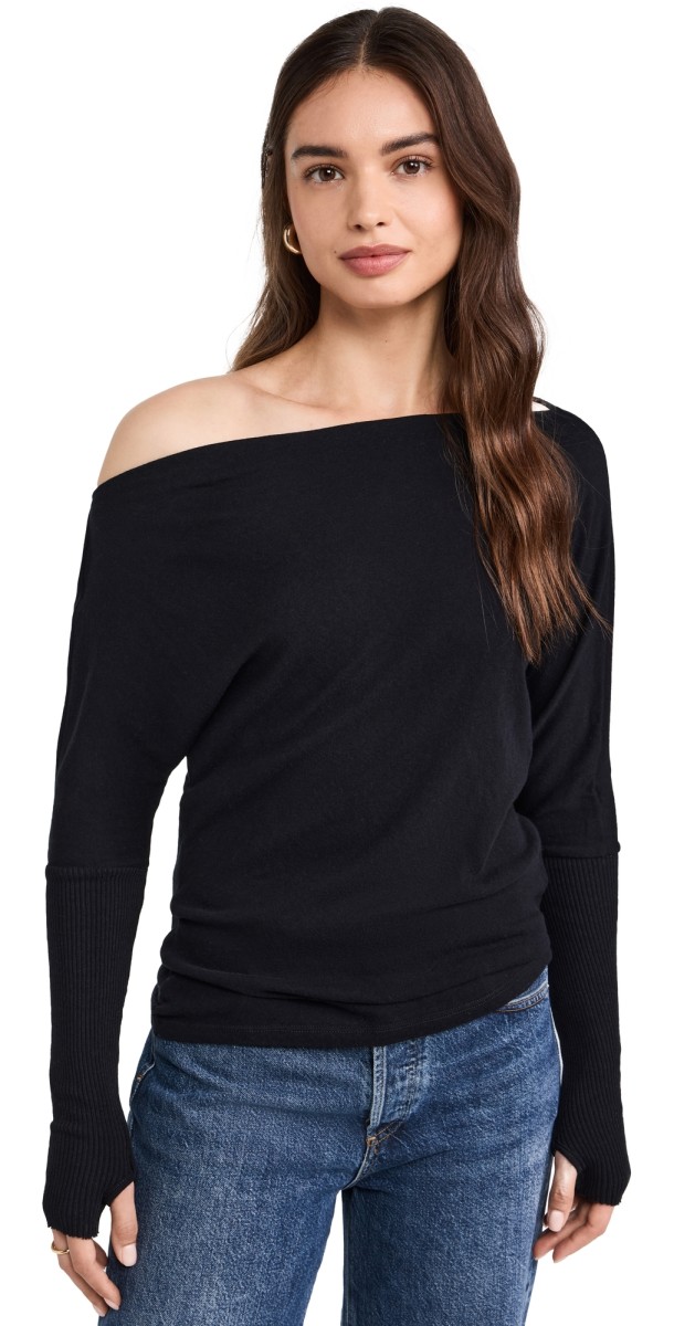 Enza Costa Cashmere Cuffed Off Shoulder Tee Black