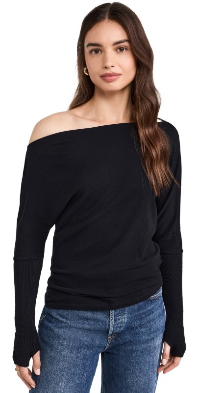 Enza Costa Cashmere Cuffed Off Shoulder Tee Black