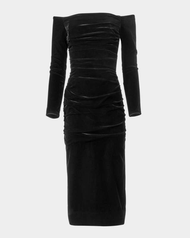 Off-The-Shoulder Ruched Velvet Midi Dress