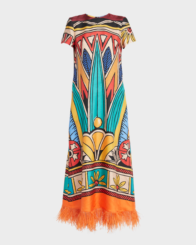 Printed Swing Dress with Feather Tri