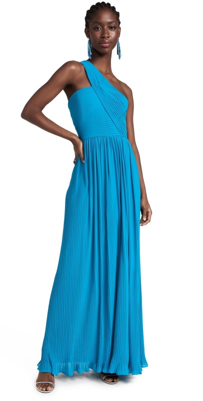 AMUR Skye Deep V Pleated Gown Blue Surf