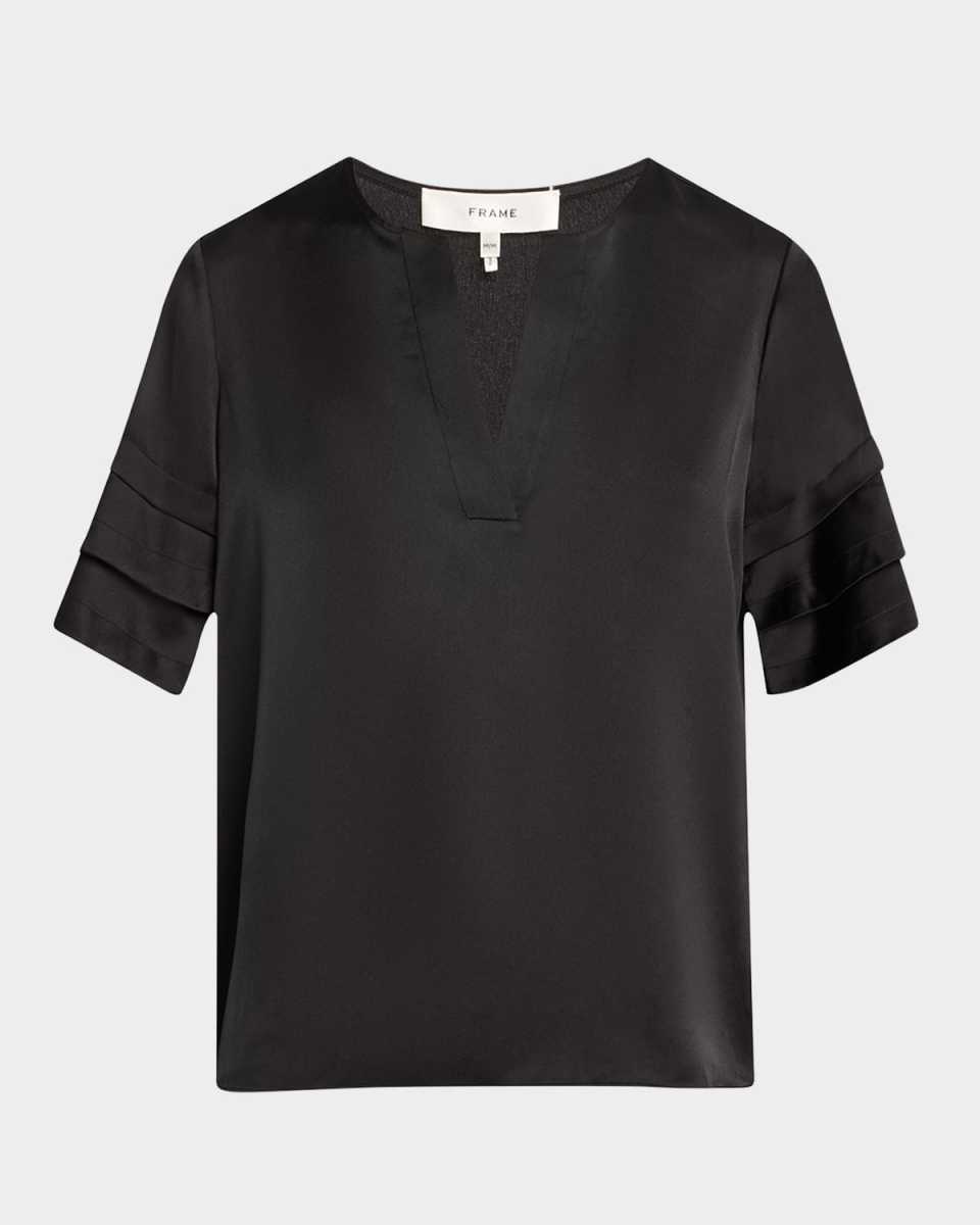 Tiered Short-Sleeve Satin Blouse