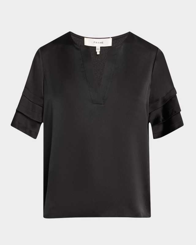 Tiered Short-Sleeve Satin Blouse