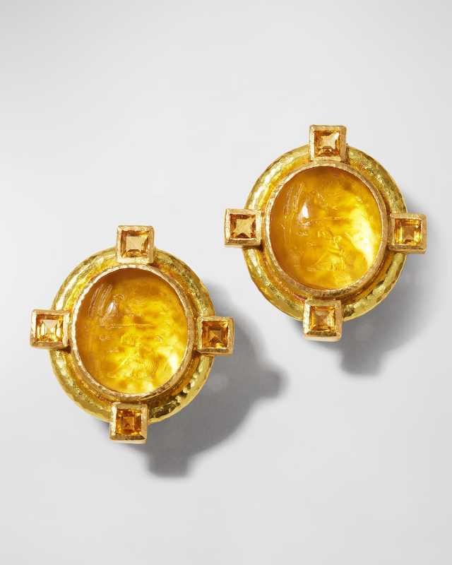 19K Yellow Gold Cabochon Boy and Bird Earrings