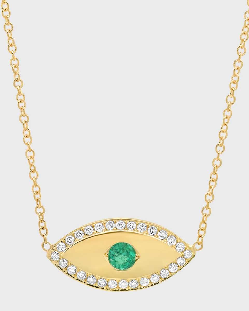 Medium Evil Eye Necklace with Emerald Center and Diamond Border