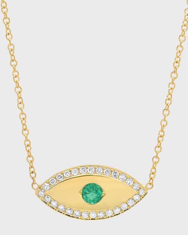 Medium Evil Eye Necklace with Emerald Center and Diamond Border