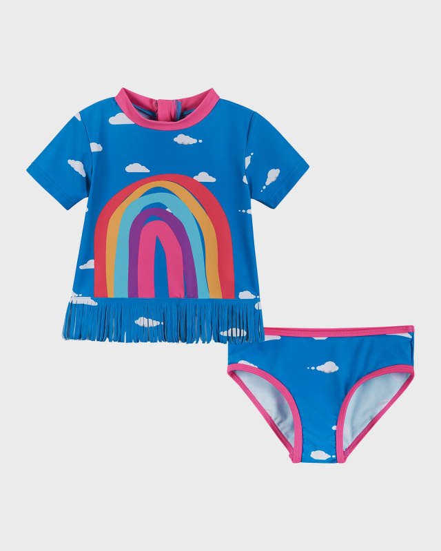 Girl's Rainbow & Cloud-Print Rashguard Set, Size 2-6