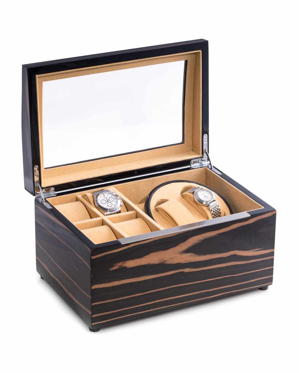 Men's 4-Watch Lacquered Ebony Burl Wood Storage Case