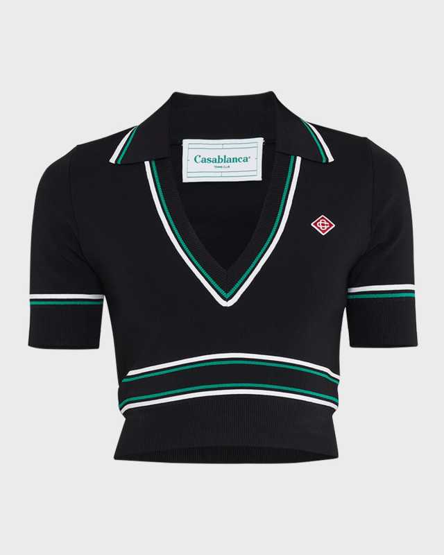 Striped Short-Sleeve Crop Polo Shirt