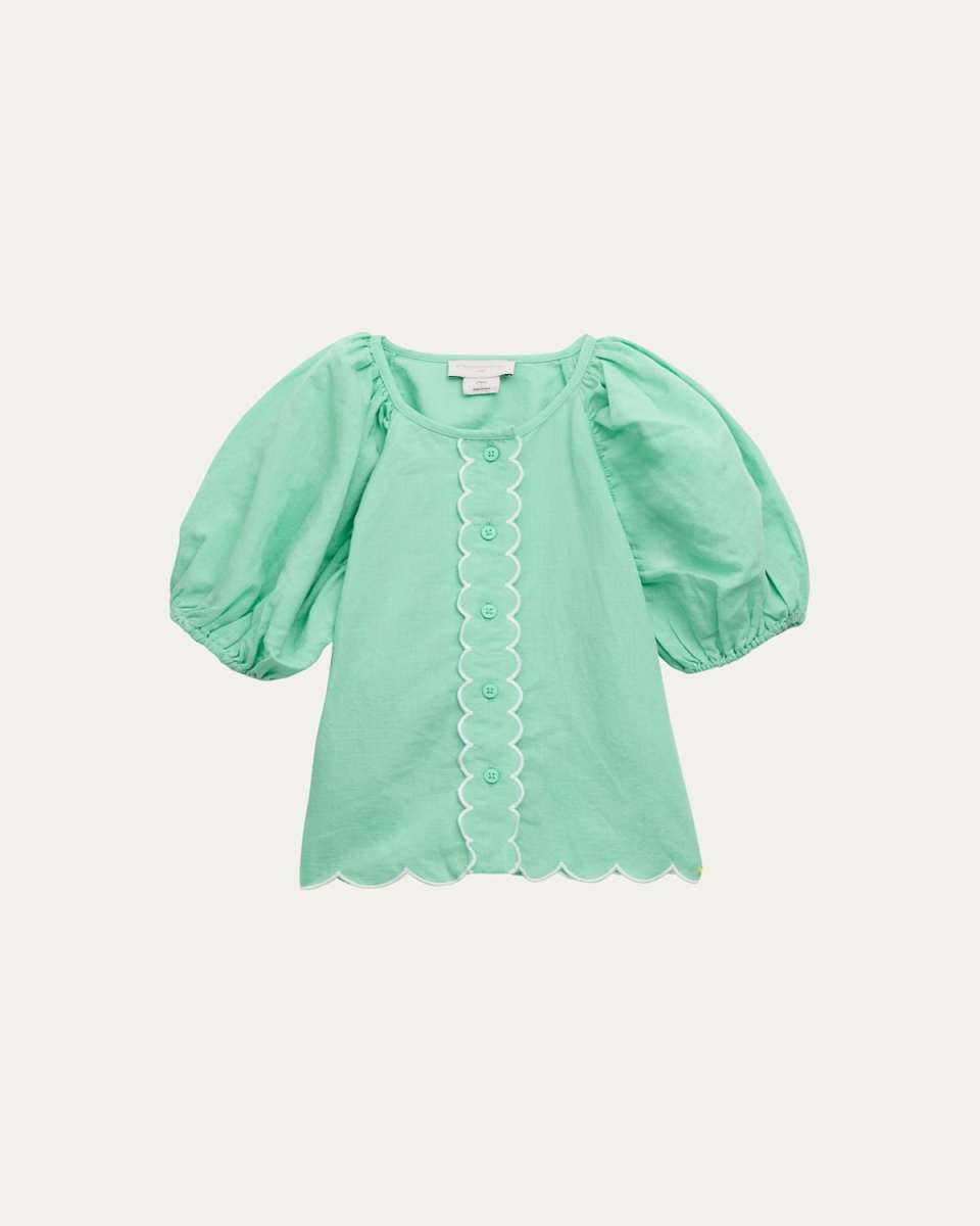 Girl's Embroidered Linen Short-Sleeve Shirt, Size 2-14
