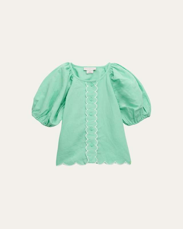 Girl's Embroidered Linen Short-Sleeve Shirt, Size 2-14