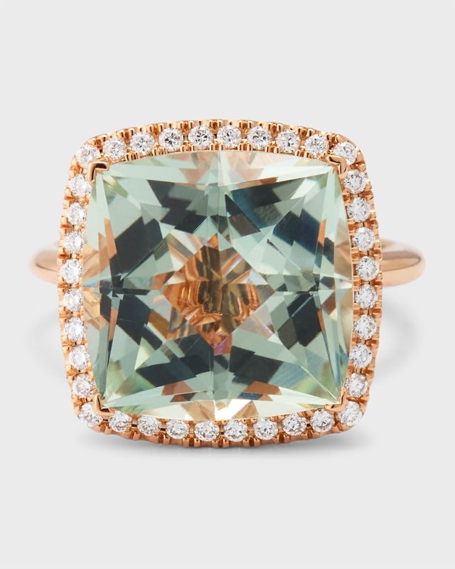 Rocks 18K Rose Gold Cushion Cut Green Quartz and Diamond Halo Cocktail Ring, Size 6