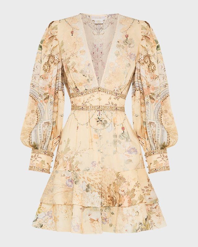 Linen and Silk Button-Front Frill Mini Dress