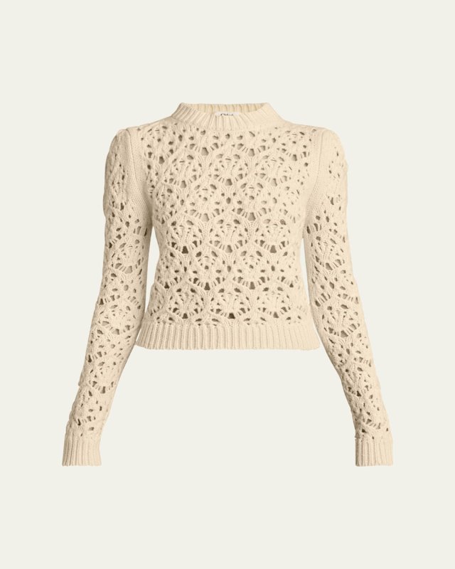 Funnel Neck Chunky Pointelle Wool Sweater