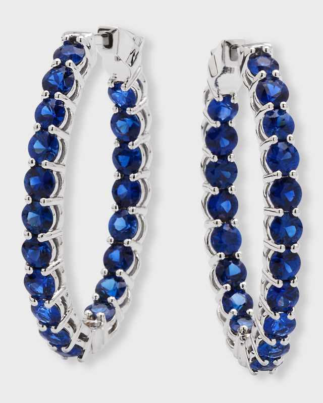 18k White Gold Medium Blue Sapphire Hoop Earrings, 5.13tcw
