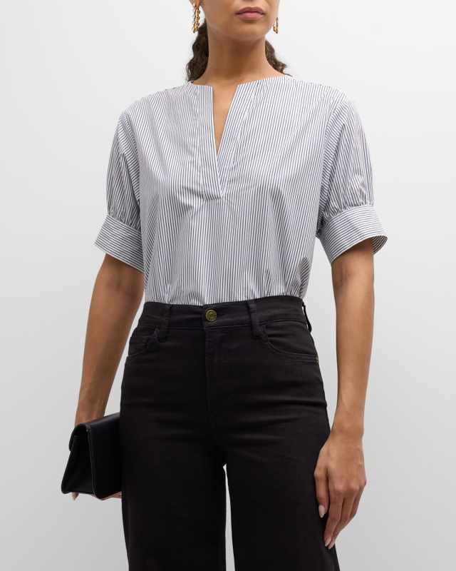 Striped V-Neck Popover Top