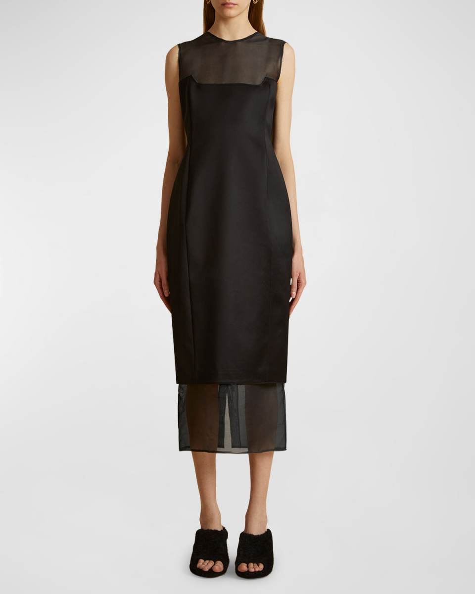 Dissa Sleeveless Wool Midi Corset Dress with Mesh