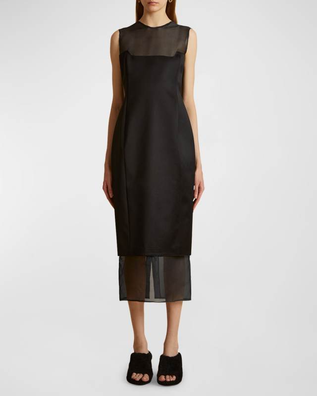 Dissa Sleeveless Wool Midi Corset Dress with Mesh