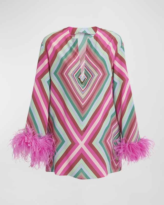 Rhombus-Print Feather-Trim Crepe De Chine Mini Shift Dress