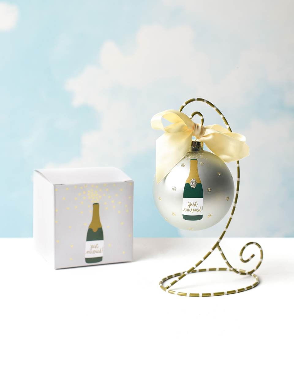 Just Married Champagne Christmas Ornament with Stand, Personalized