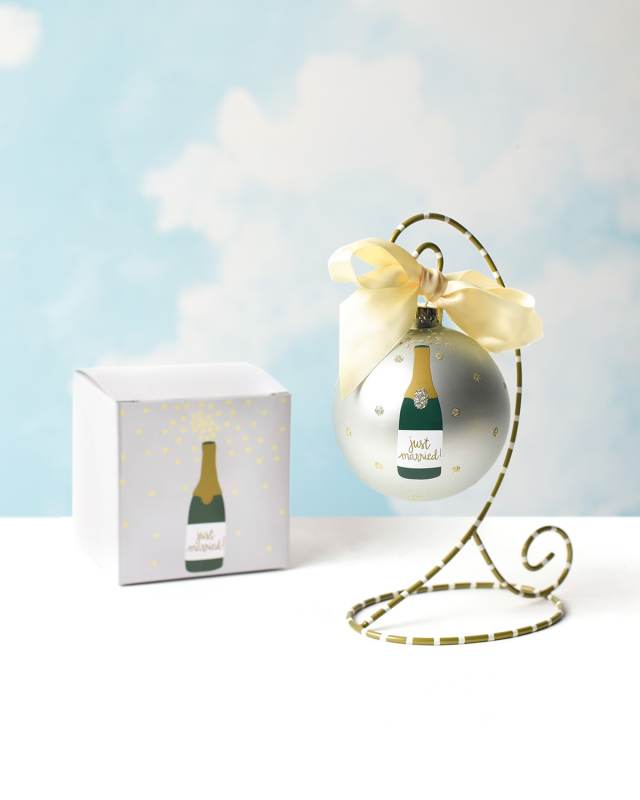Just Married Champagne Christmas Ornament with Stand, Personalized