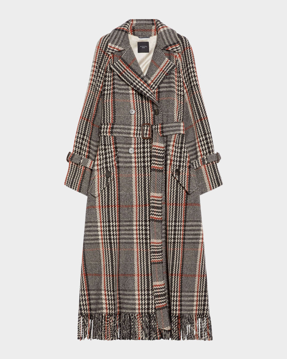 Gommoso Belted Plaid Fringe-Trim Coat