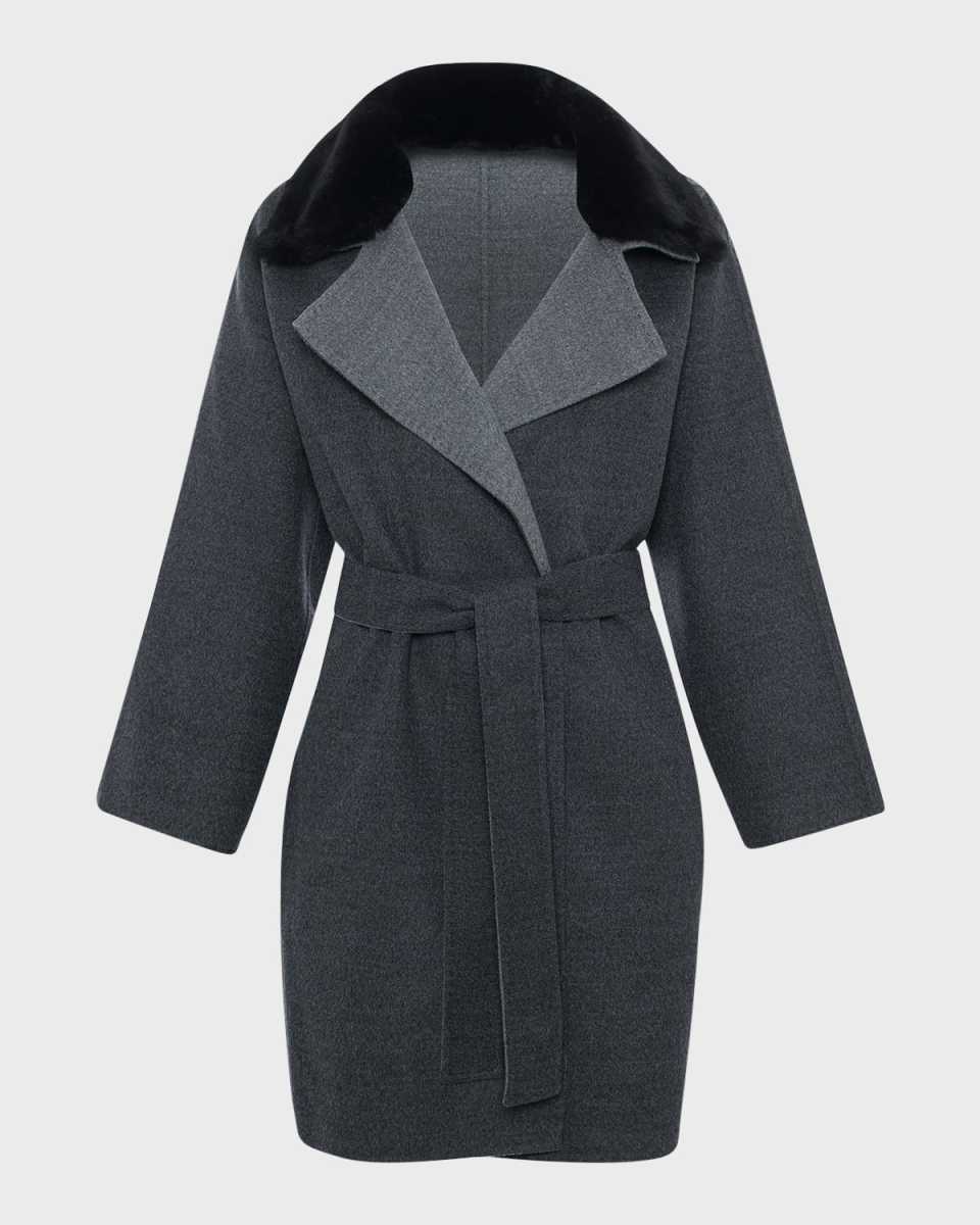 Reversible Belted Wool Stroller Coat with Detachable Lamb Shearling Collar
