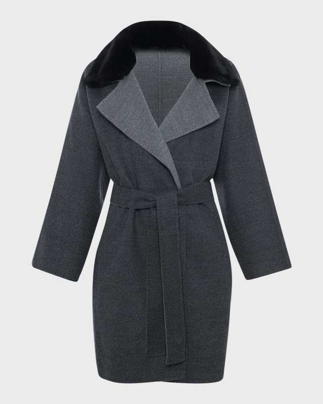 Reversible Belted Wool Stroller Coat with Detachable Lamb Shearling Collar