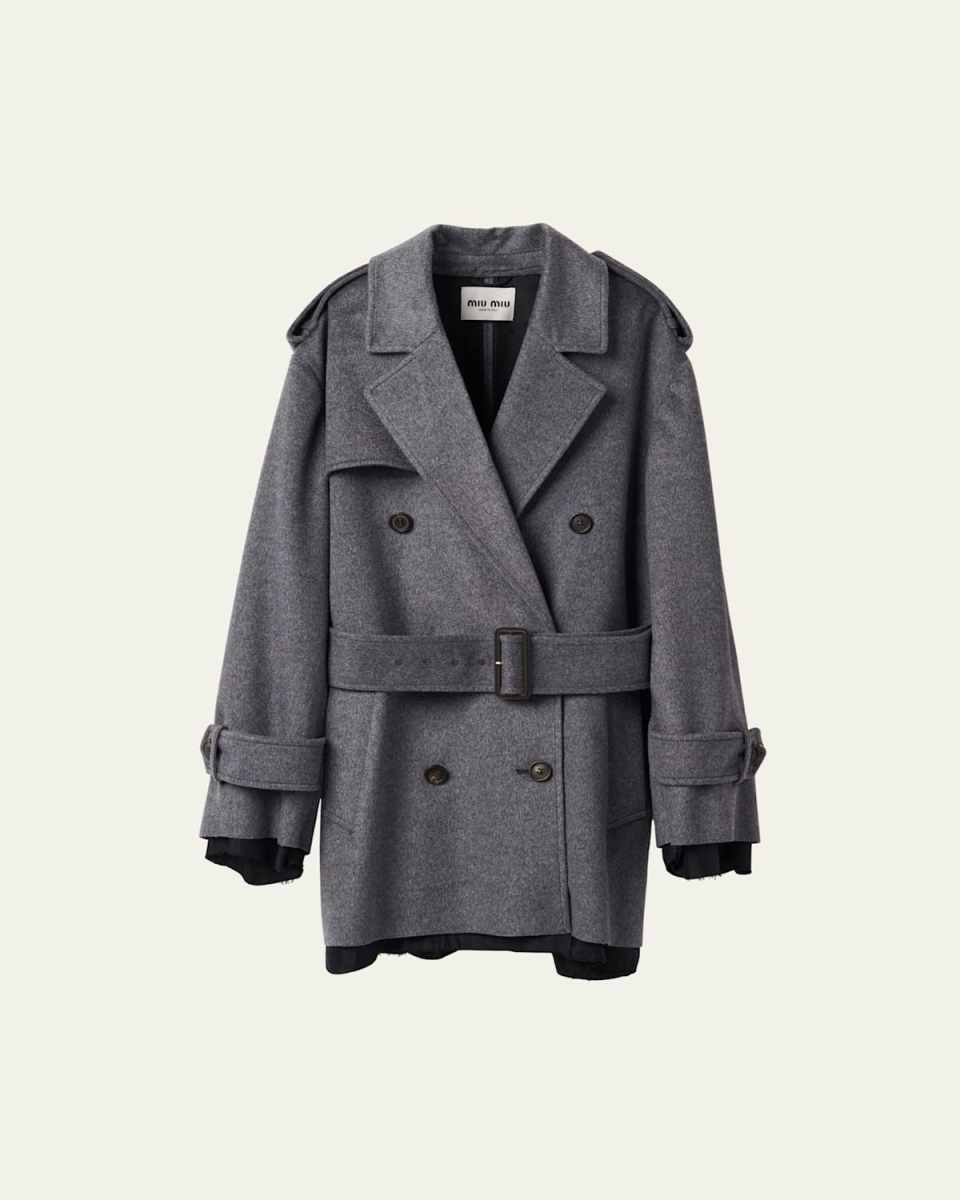 Short Velour Double-Breast Belted Wool Coat