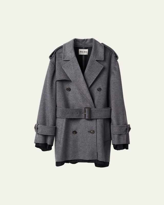 Short Velour Double-Breast Belted Wool Coat