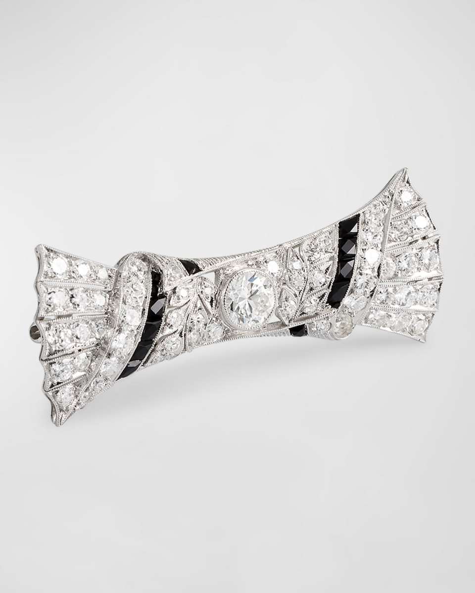 Estate Art Deco Platinum Black Onyx and Diamond Bow Pin