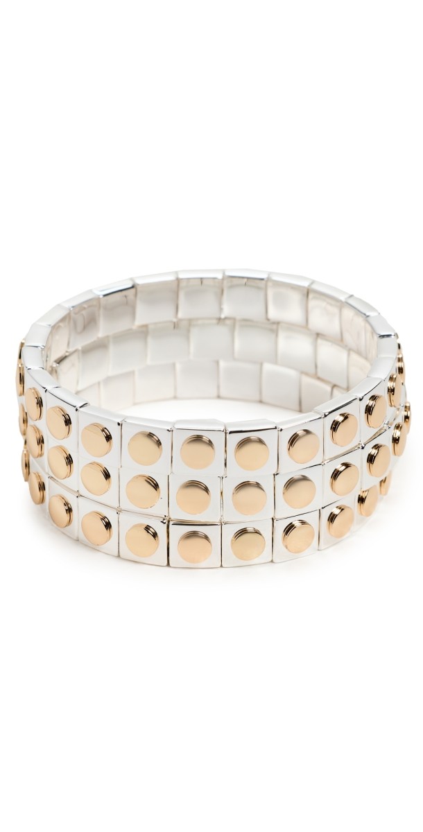 Roxanne Assoulin Mixed Metal Dot Stud Stretch Bracelet Set Shiny Gold/Bright Silver