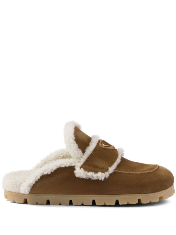 shearling-trim suede mules