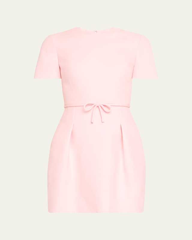 Bow-Waist Crepe Short-Sleeve Mini Dress